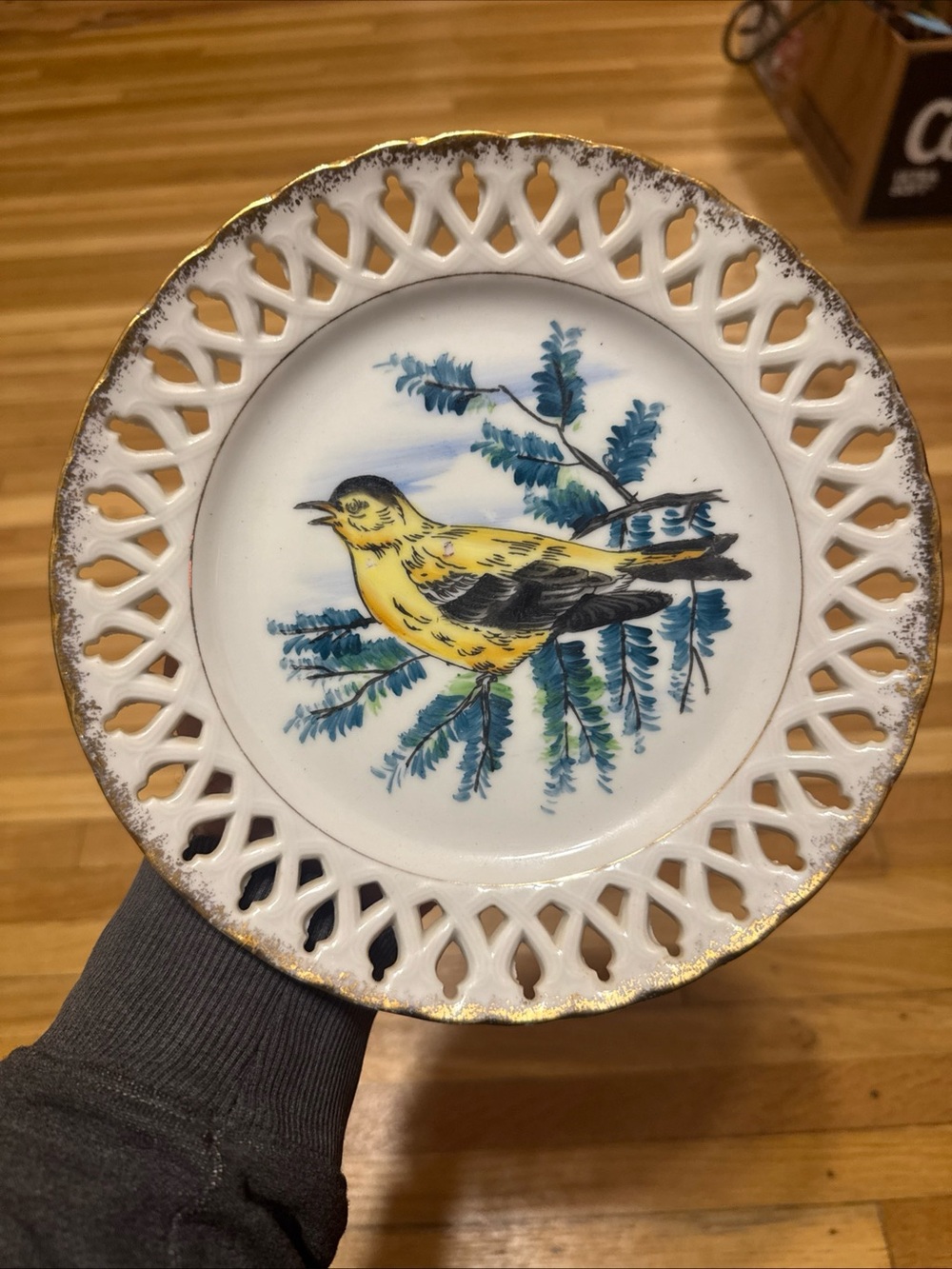 VTG Pierced Open Lace Edge Porcelain Bird Plate Hand Painted Yellow Goldfinch